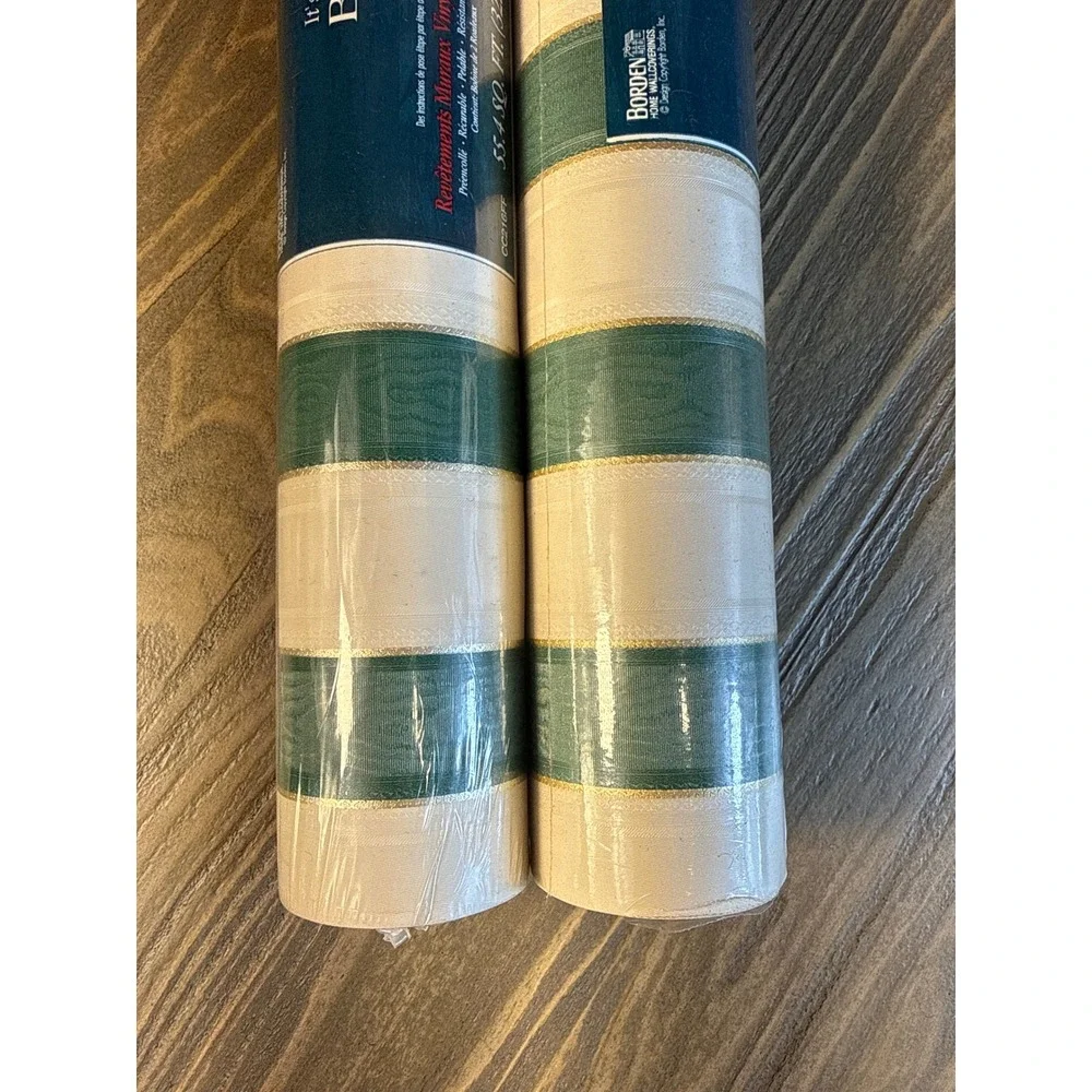 Vintage Bordenstyle Vinyl Wallpaper 2 Rolls Green Cream Gold Stripe CC216FF New